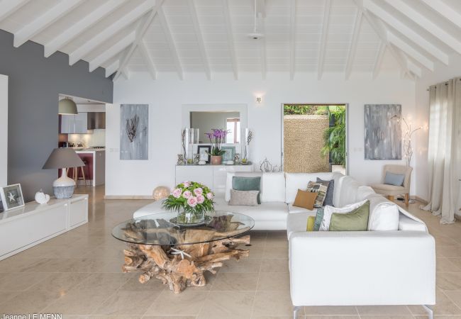 Villa Isia in St Barth welcomes you and your friends in its comfortable lounge. Interior living room of the villa ISIA