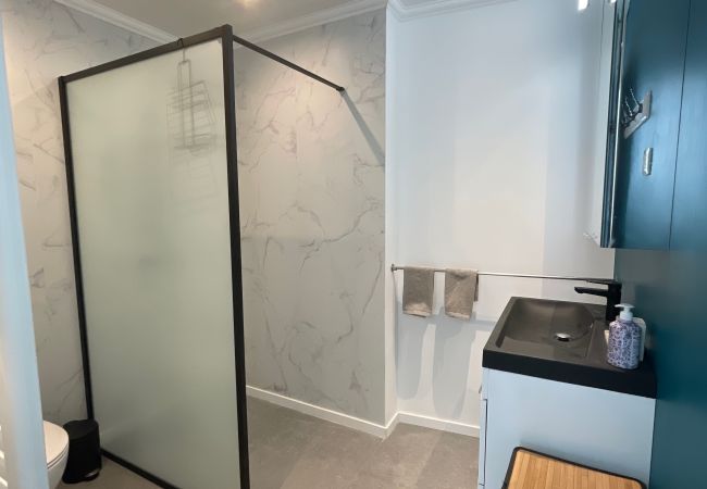 a walk-in shower. A real wellness area with a spacious walk-in shower, towel dryer and storage space.